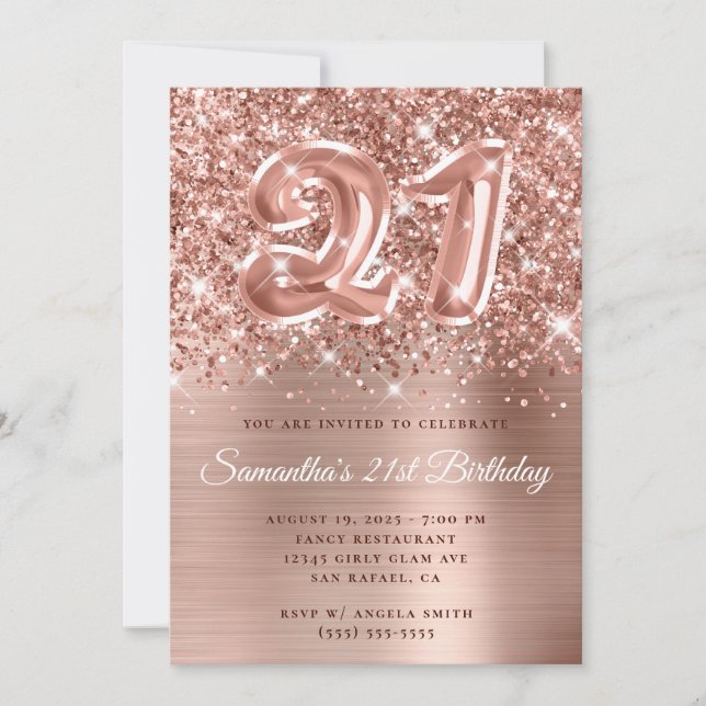 Invitation Ballons Rose doré brillant 21e anniversaire (Devant)