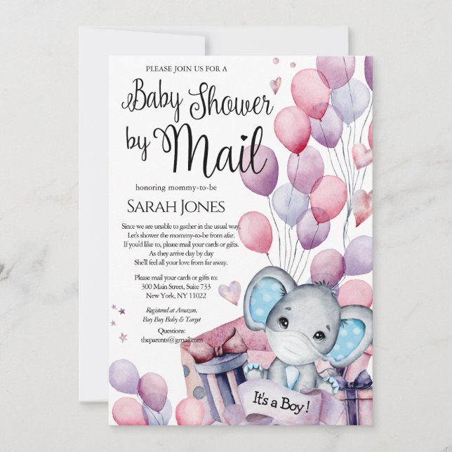 Invitation Ballons rose éléphant garçon Baby shower par courr (Devant)