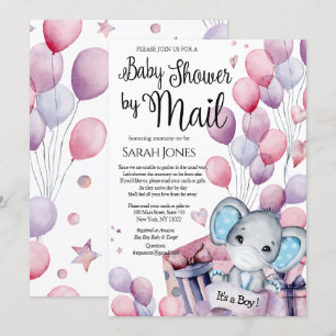 Invitation Ballons rose éléphant garçon Baby shower par courr