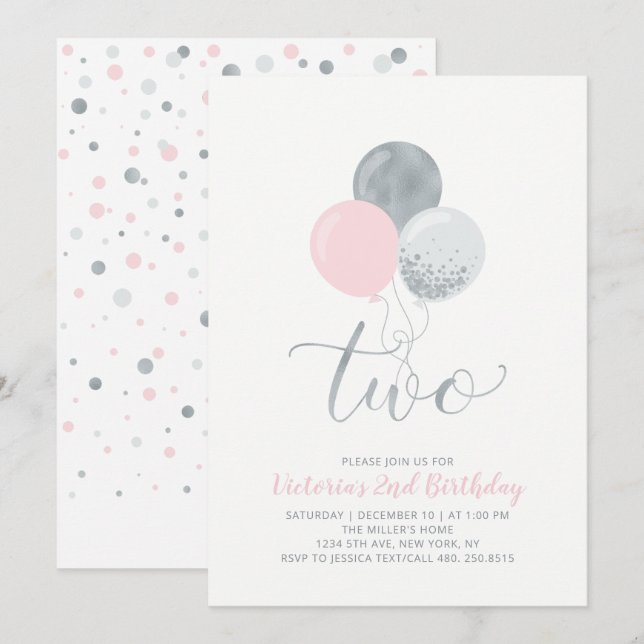 Invitation Ballons rose et argent | Fille 2e fête d'anniversa (Devant / Derrière)