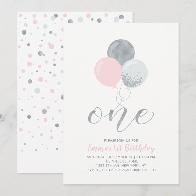 Invitation Ballons rose et argent | Un 1er anniversaire de fi (Devant / Derrière)