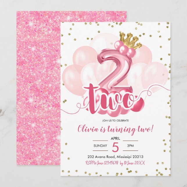 Invitation Ballons rose et or de la Couronne deuxième anniver (Devant / Derrière)