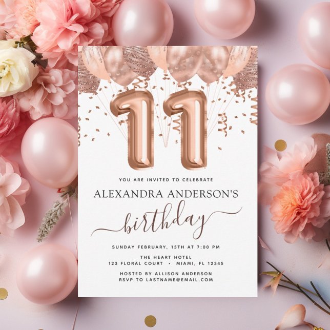 Invitation Ballons Rose Gold Fête d'anniversaire 11 ans Confe (Créateur téléchargé)