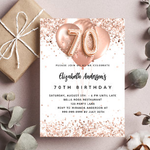 Invitation ballons rose gold pour 70 ans avec étincelles blan