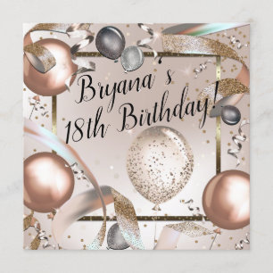 Invitation Ballons Rose Gold Rose et Paillettes Fête d'annive