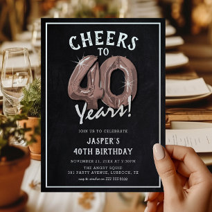 Invitation Ballons Rose Gold Tableau Noir Rustique 40ème Anni