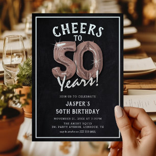 Invitation Ballons Rose Gold Tableau Noir Rustique 50e Annive