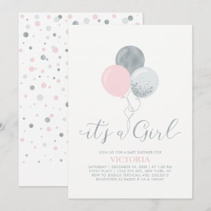 Invitation Ballons roses et argent   C'est une fille Baby Sho