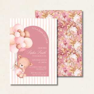 Invitation Ballons roses et Baby shower en fleurs