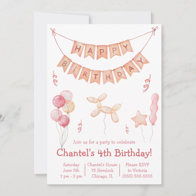 Invitation Ballons roses et bannière fête d'anniversaire (Devant)