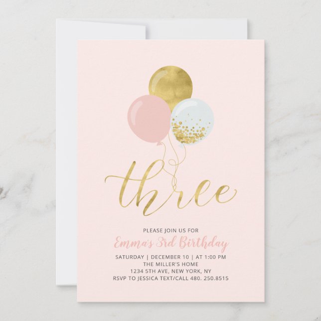 Invitation Ballons roses et or | Fille 3ème anniversaire fête (Devant)