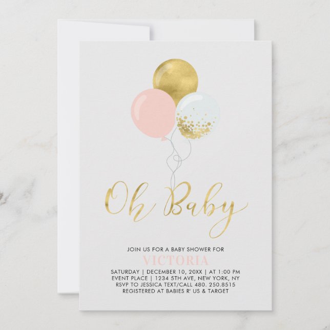 Invitation Ballons roses et or | Oh Baby Girl Baby shower (Devant)