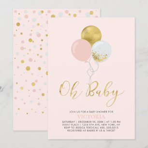 Invitation Ballons roses et or Oh Baby Girl Baby shower