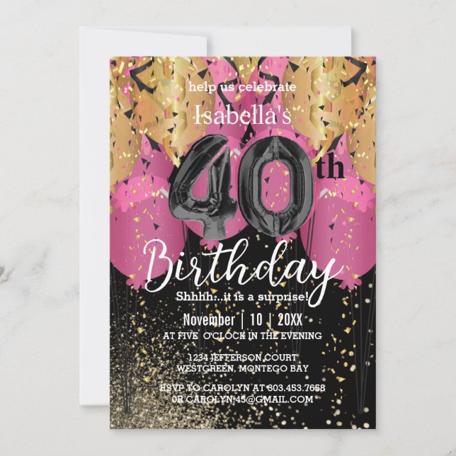 Invitation Ballons roses et Parties scintillant 40e anniversa (Devant)