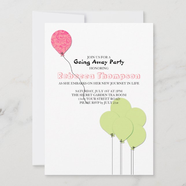 Invitation Ballons roses et verts qui disparaissent (Devant)
