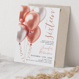 Invitation Ballons Roses minimaux en or doux 16 Anniversaire