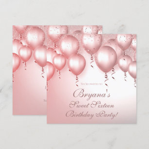 Invitation Ballons roses or Étincelle Anniversaire Jeu Sweet 