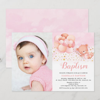 Invitation Ballons roses Ours Teddy Gold Stars Photo Baptême