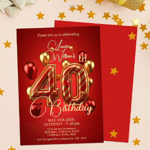 Invitation Ballons rouges et or Célébration du 40e anniversai