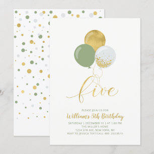 Invitation Ballons Sage & Gold Cinq 5e fête d'anniversaire
