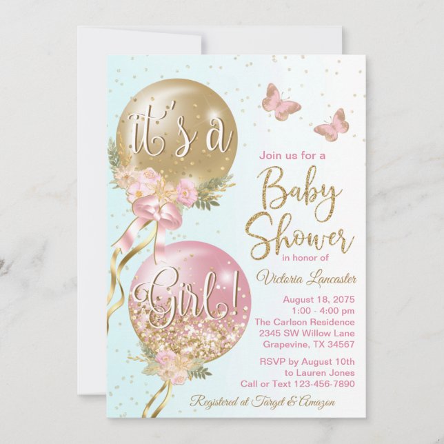 Invitation Ballons Turquoises d'or rose Papillons Baby shower (Devant)