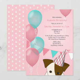 Invitation ballons turquoises roses filles chiot fête d'anniv