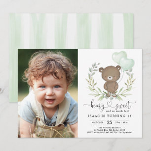 Invitation Ballons verts Ours En Teddy Cute Neutre Anniversai