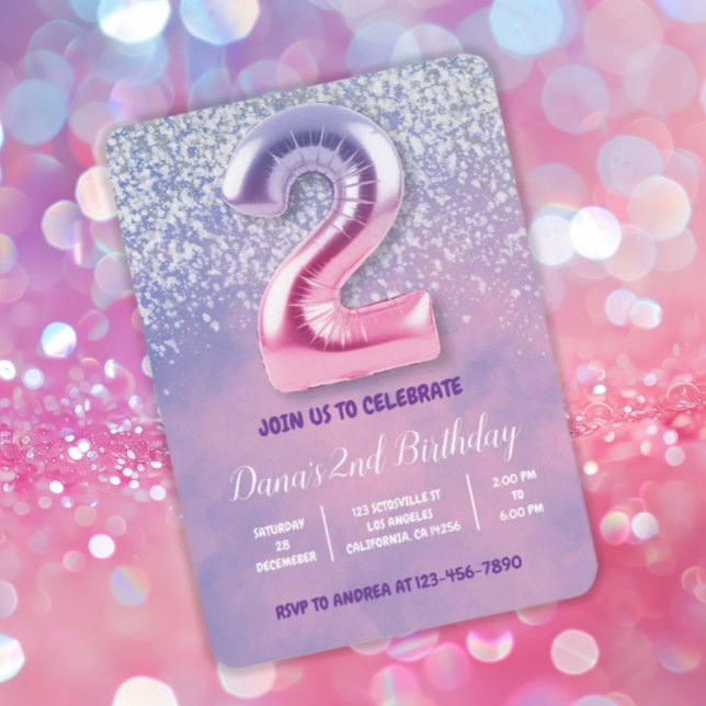 Invitation Ballons violet et rose 2e anniversaire (Créateur téléchargé)