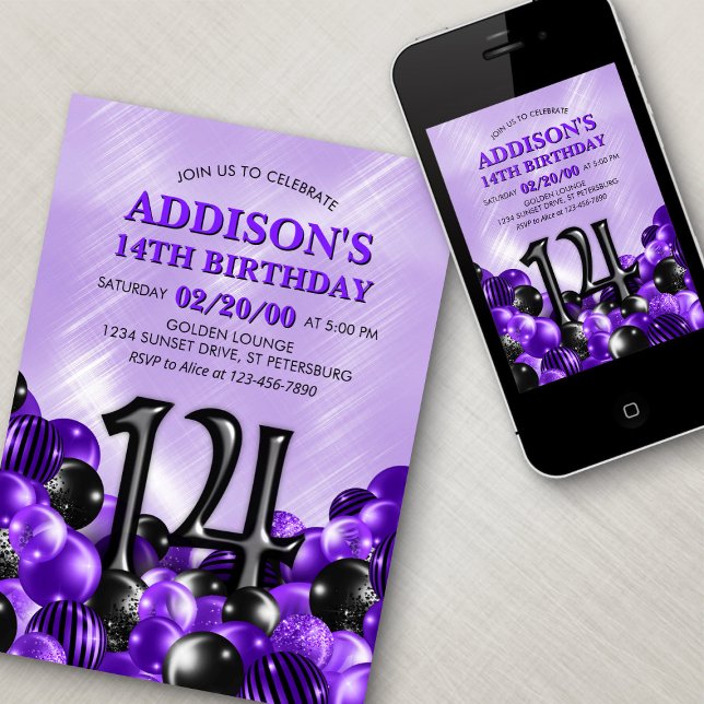 Invitation Ballons violets 14e anniversaire (Créateur téléchargé)