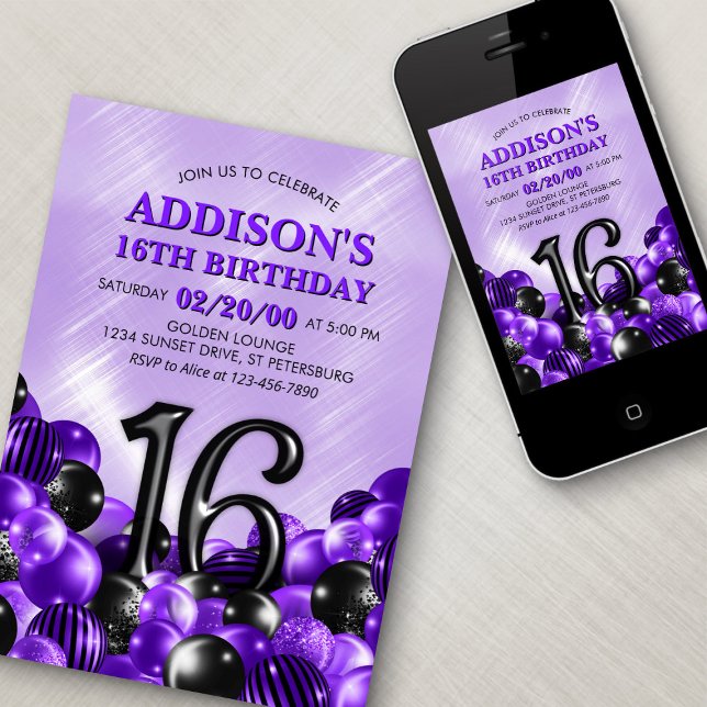 Invitation Ballons violets 16e anniversaire (Créateur téléchargé)