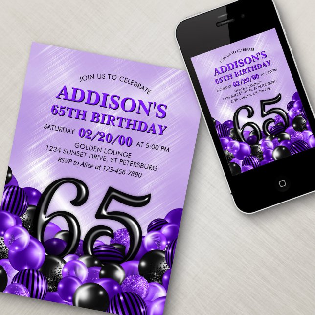 Invitation Ballons violets 65e anniversaire (Créateur téléchargé)