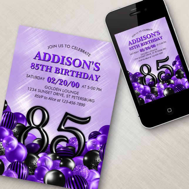 Invitation Ballons violets 85e anniversaire (Créateur téléchargé)