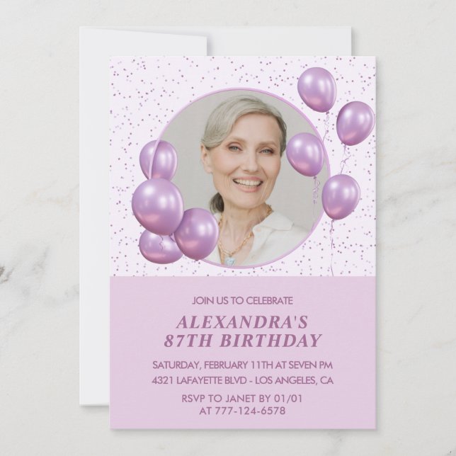 Invitation Ballons violets chic Photo 87e anniversaire (Devant)