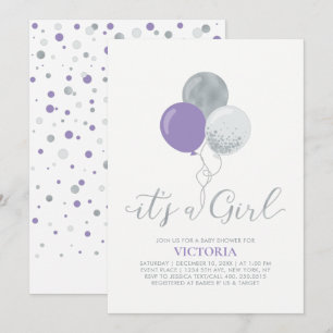 Invitation Ballons violets et argentés   C'est une fille Baby