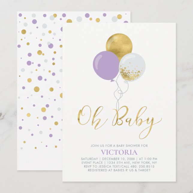 Invitation Ballons violets et or | Oh Baby Girl Baby shower (Devant / Derrière)