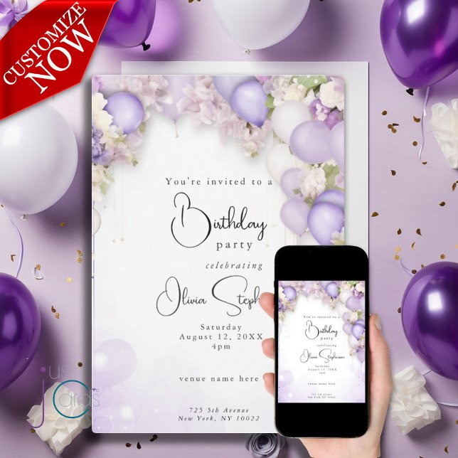 Invitation Ballons violets et tourbillons floraux QR Annivers (Easy to personalize text )