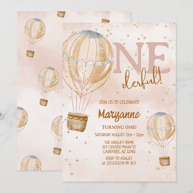 Invitation Balloon à air chaud Boho 1er anniversaire (Devant / Derrière)