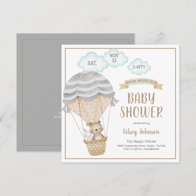 Invitation Balloon à air chaud Bois Animaux Baby shower amusa (Devant / Derrière)