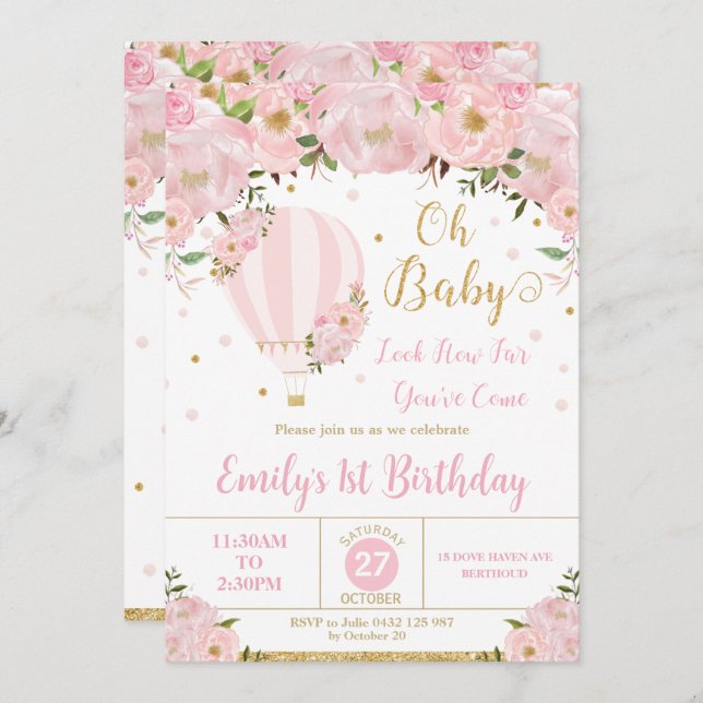 Invitation Balloon à air chaud rose Fleurs florales 1er anniv (Devant / Derrière)
