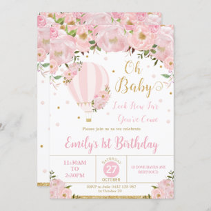 Invitation Balloon à air chaud rose Fleurs florales 1er anniv