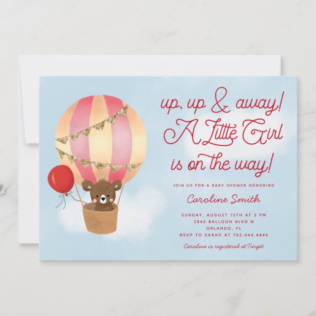 Invitation Balloon à air chaud Teddy Bear Baby shower rose (Devant)