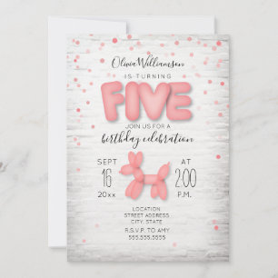 Invitation Balloon Animal Brick Confetti Rose 5e anniversaire