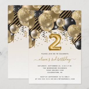 Invitation Balloon Arch Black Gold 2e fête d'anniversaire