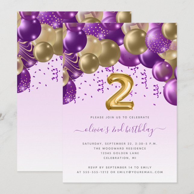Invitation Balloon Arch Purple Gold Girls 2e fête d'anniversa (Devant / Derrière)