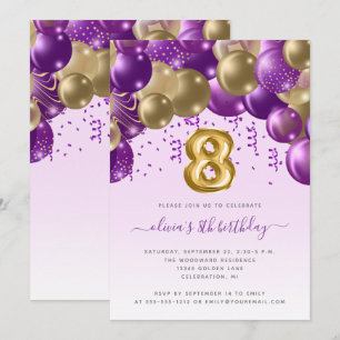 Invitation Balloon Arch Purple Gold Girls 8e fête d'anniversa