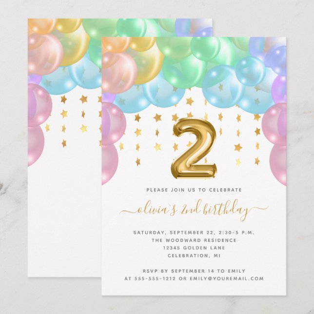 Invitation Balloon Arch Rainbow Gold Girls 2nd Birthday Party (Devant / Derrière)