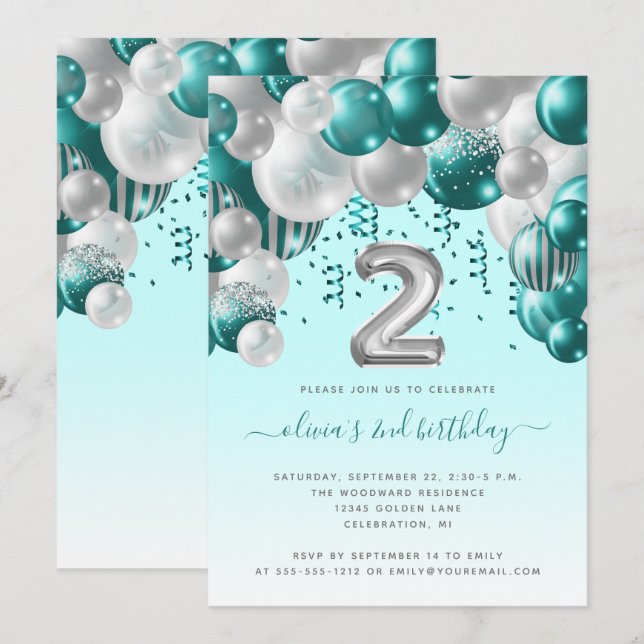 Invitation Balloon Arch Turquoise Silver Girls 2e fête d'anni (Devant / Derrière)