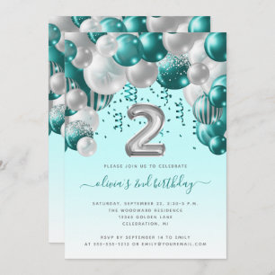 Invitation Balloon Arch Turquoise Silver Girls 2e fête d'anni