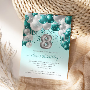 Invitation Balloon Arch Turquoise Silver Girls 8e fête d'anni