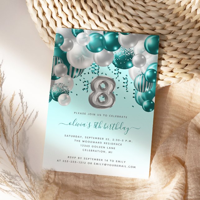 Invitation Balloon Arch Turquoise Silver Girls 8e fête d'anni (Créateur téléchargé)